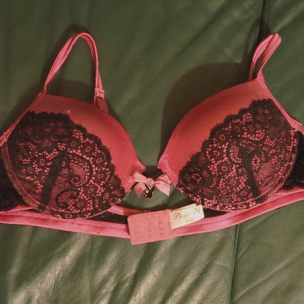 PLAYBOY Pink Black Lace Push Up Bra